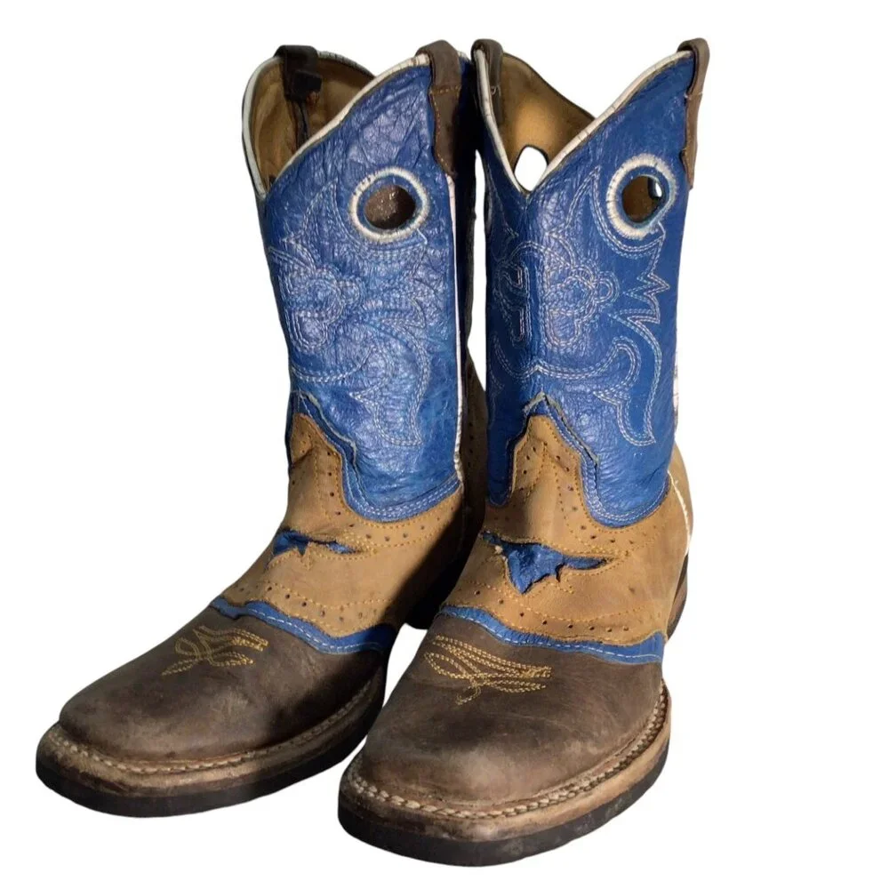 Potro Rebelde Handmade Quincy Cowboy Boots Kids 1 MEX 21 Snip Toe Rodeo Blue Tan